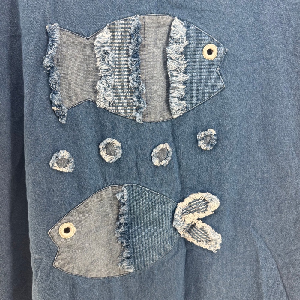 Santé Fish Patchwork Denim Dress Women 4X Blue Coastal Nautical Lagenlook Casual - Picture 4 of 7